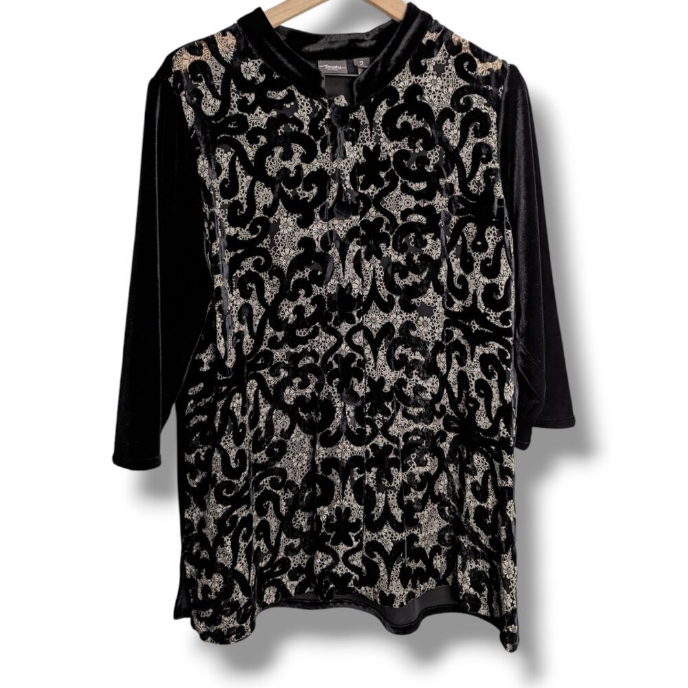 Chico’s Silk Velvet Button Front Cardigan Blouse Semi sheer Black Large 2
